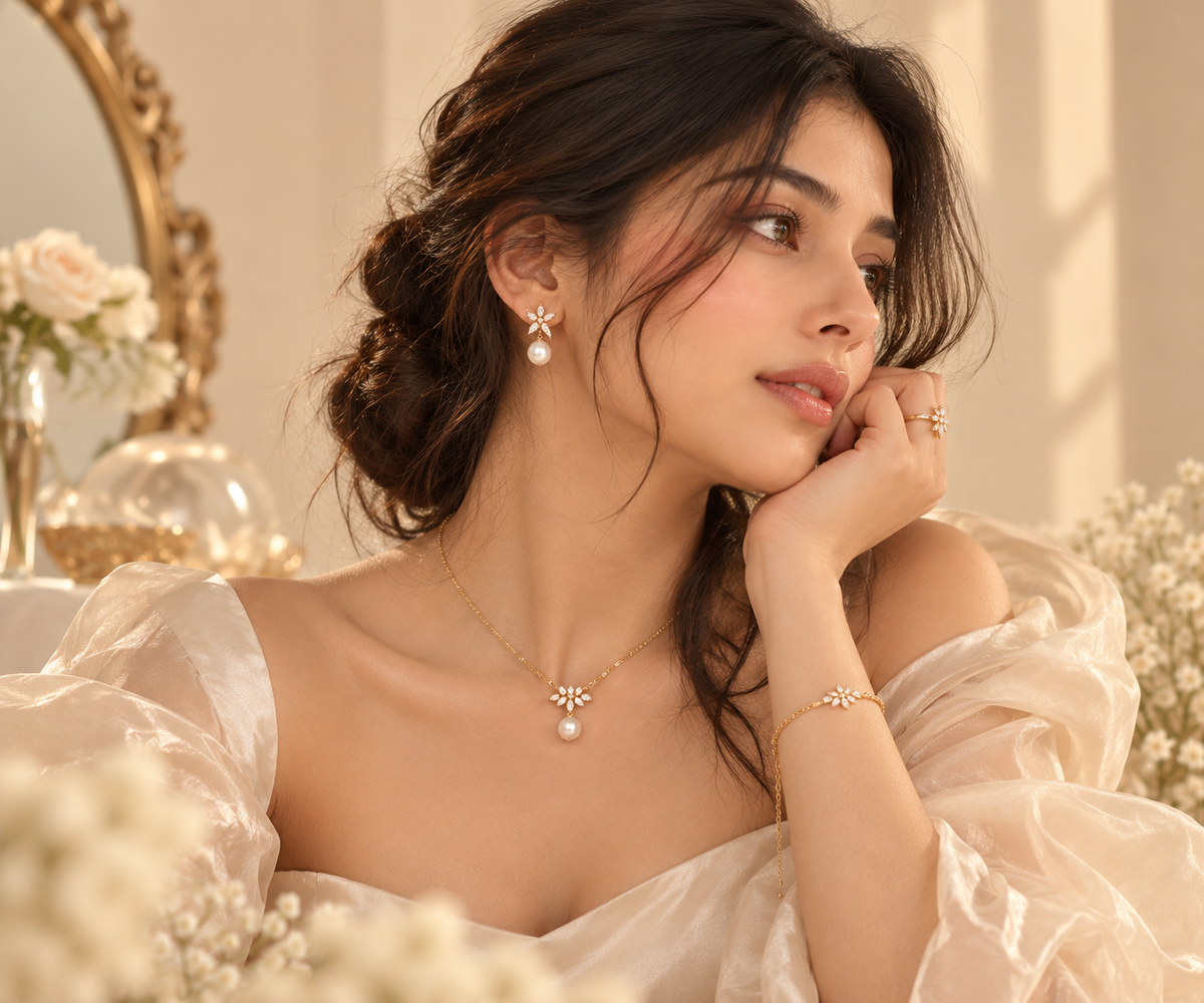 Elegant jewellery gift box with gold-tone earrings and necklace on soft beige satin, perfect for gifting to a girlfriend on birthdays and anniversaries.